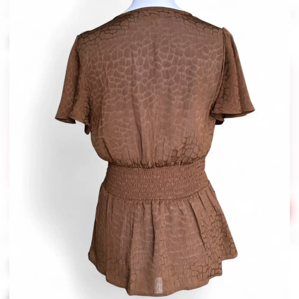 Brown Textured Wrap Blouse Tie Waist Flutter Sleeve Boho Top